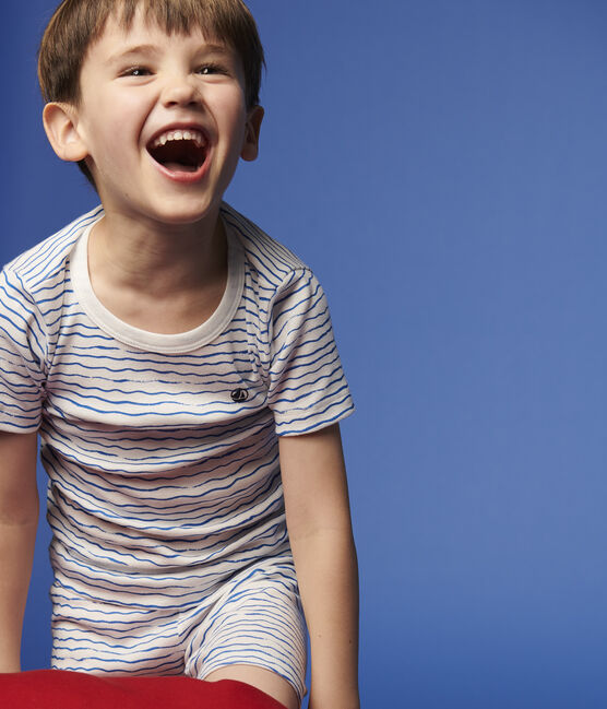 Pijama corto snugfit con estampado de olas de algodón de niño blanco MARSHMALLOW/azul COOL