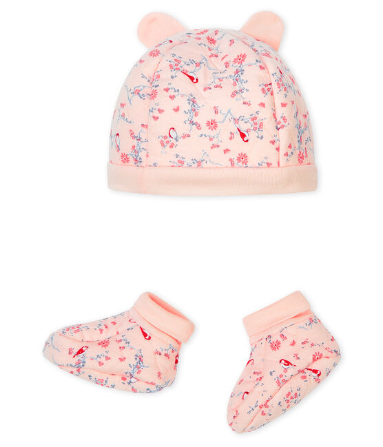 Juego de gorro de nacimiento y patucos para bebé de túbico. rosa FLEUR/blanco MULTICO