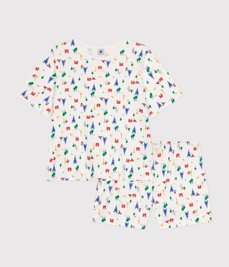 Pijama con pantal&oacute;n corto y camiseta de algod&oacute;n con motivo de Par&iacute;s para mujer blanco/azul/multicolor