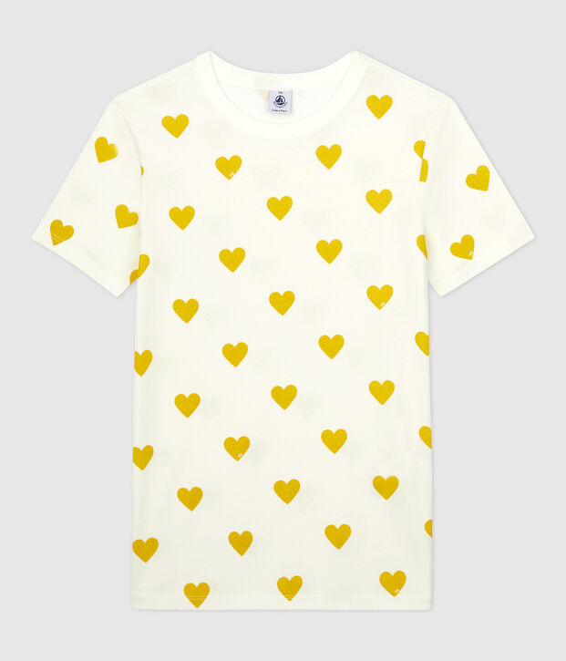 Camiseta de cuello redondo con corazones de algod&oacute;n de mujer blanco/amarillo