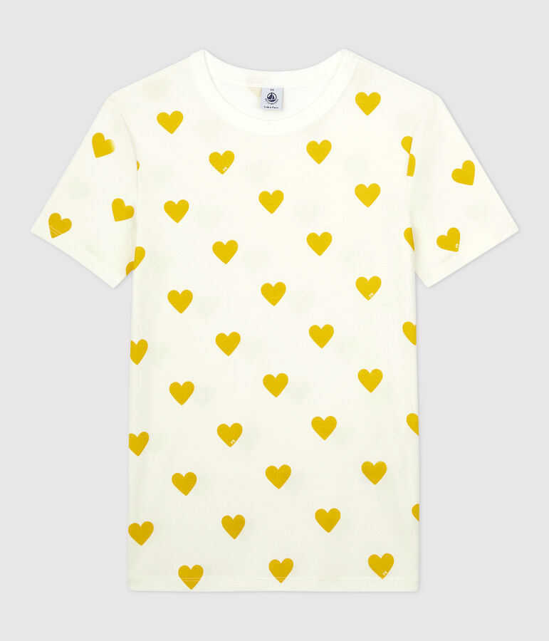 Camiseta de cuello redondo con corazones de algod&oacute;n de mujer blanco/amarillo