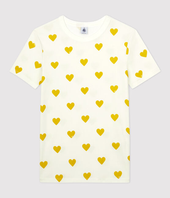 Camiseta de cuello redondo con corazones de algodón de mujer blanco MARSHMALLOW/amarillo OCRE