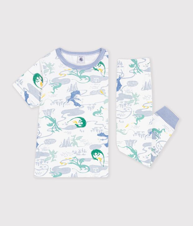 Pijama infantil de algod&oacute;n de manga corta y pierna larga con estampado blanco/multicolor