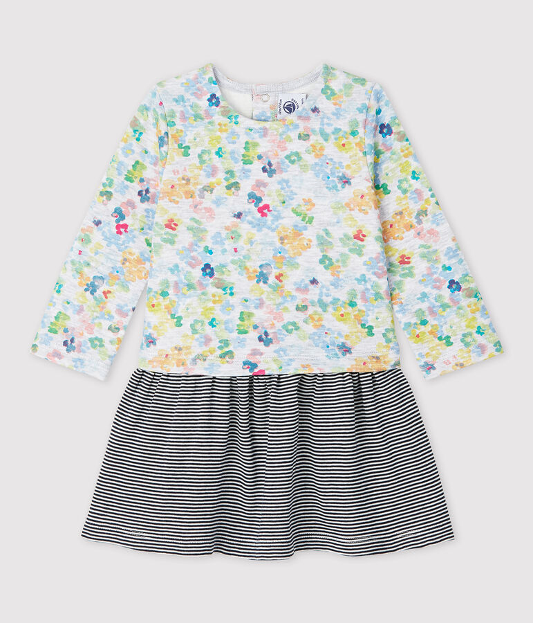 Vestido de manga larga de punto de beb&eacute; ni&ntilde;a. gris POUSSIERE/blanco MULTICO