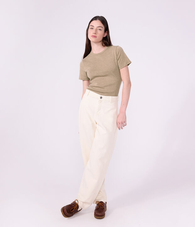 Camiseta lisa de algod&oacute;n de manga corta para mujer beige
