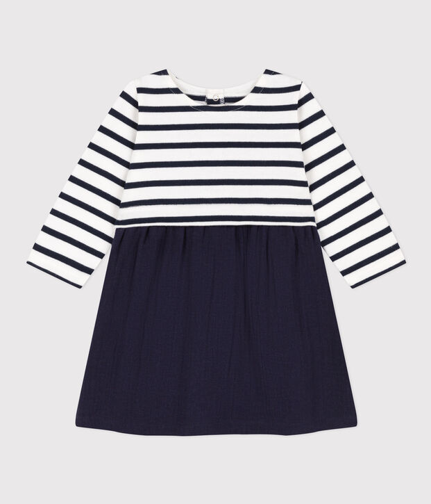 Vestido de dos materiales de manga larga de beb&eacute; azul/blanco