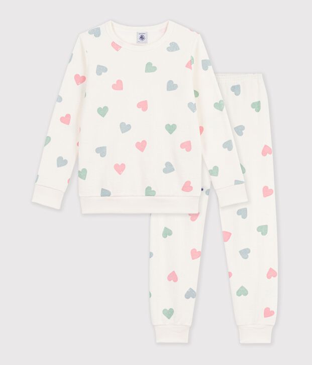 Pijama infantil de rizo de algod&oacute;n con corazones crudo/multicolor