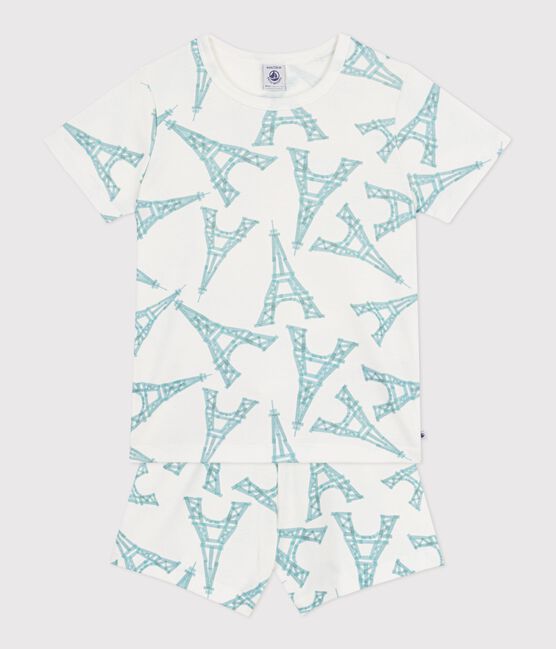 Pijama infantil corto de algodón con estampado de torre Eiffel blanco MARSHMALLOW/blanco MULTICO