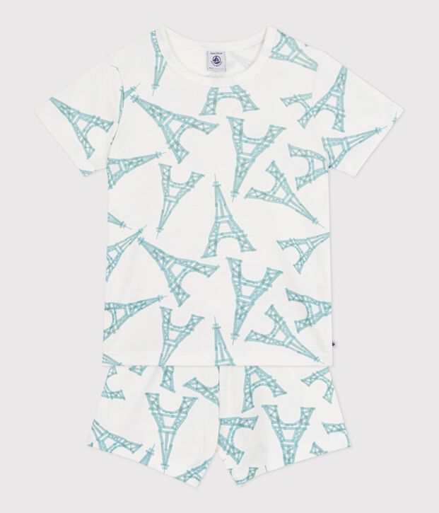 Pijama infantil corto de algod&oacute;n con estampado de torre Eiffel blanco/multicolor