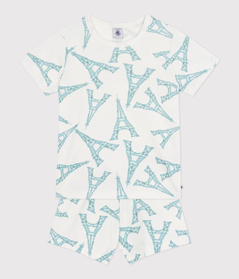 Pijama infantil corto de algod&oacute;n con estampado de torre Eiffel blanco/multicolor