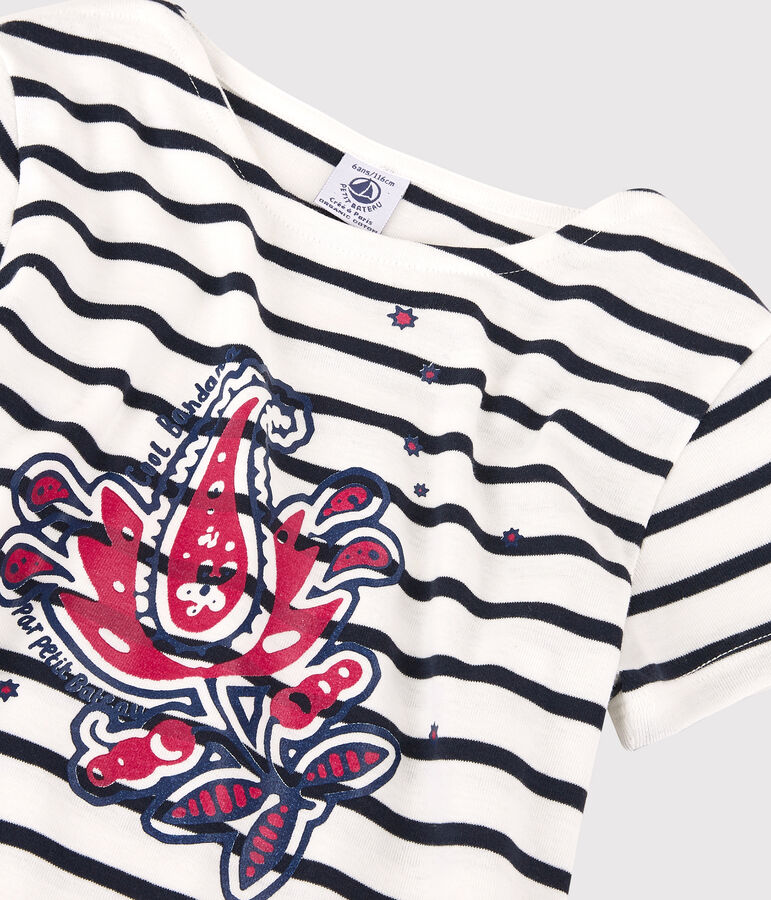 Camiseta de manga corta de algod&oacute;n org&aacute;nico de ni&ntilde;a blanco MARSHMALLOW/azul SMOKING