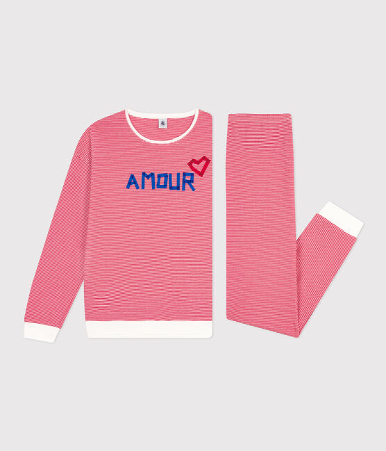 Pijama de algodón a rayas para mujer rojo CORRIDA/blanco MARSHMALLOW