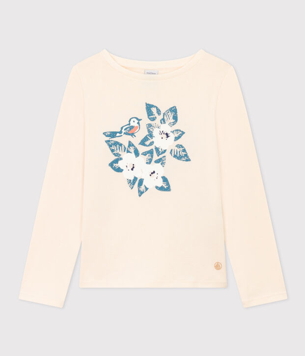 Camiseta de algod&oacute;n de manga larga de ni&ntilde;a crudo/azul