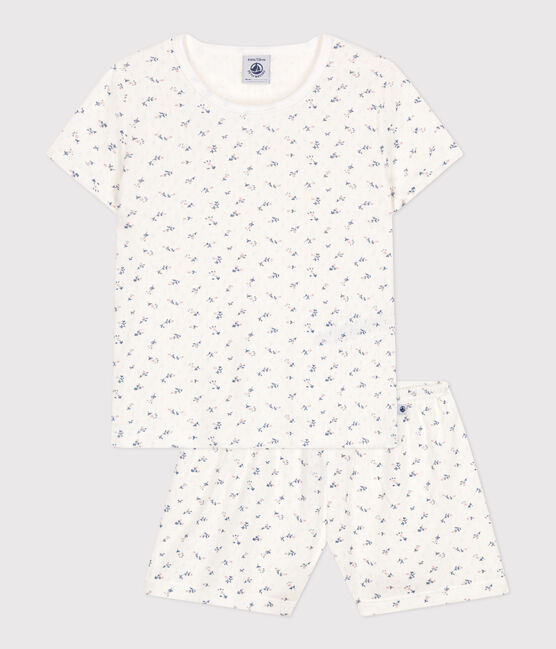 Pijama corto infantil de algodón calado con estampado de flores blanco MARSHMALLOW/blanco MULTICO