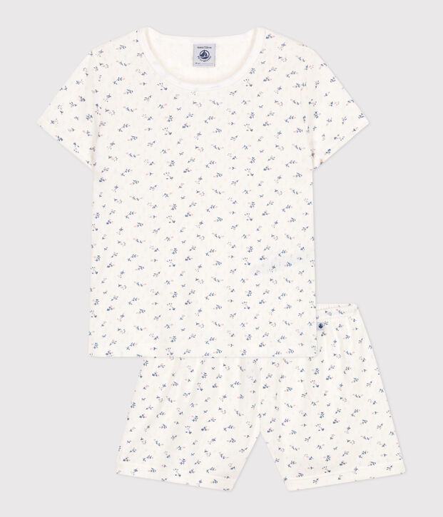 Pijama corto infantil de algod&oacute;n calado con estampado de flores blanco/multicolor
