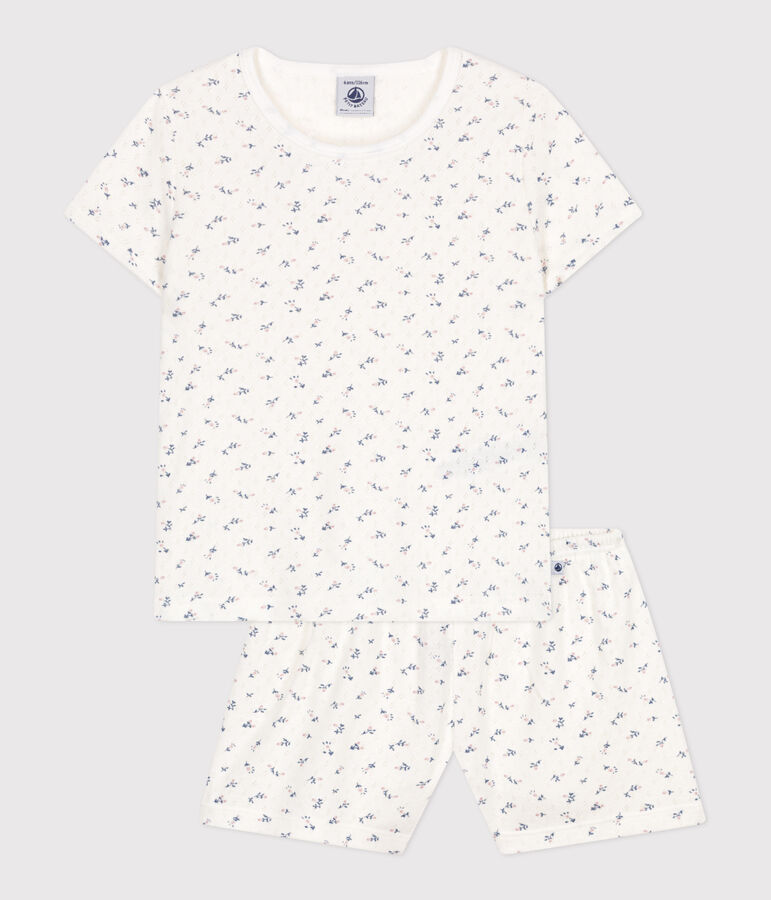 Pijama corto infantil de algod&oacute;n calado con estampado de flores blanco/multicolor