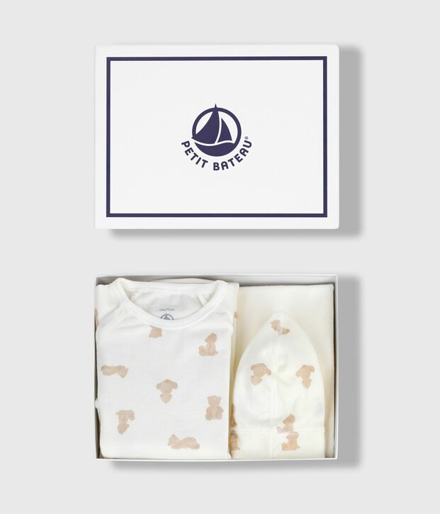 Estuche regalo para beb&eacute; de algod&oacute;n estampado blanco/BRUN