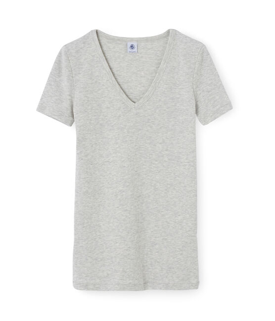 Camiseta manga corta de cuello pico para mujer gris POUSSIERE CHINE