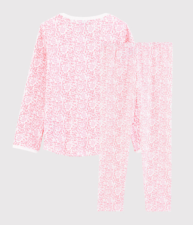 Pijama de punto con flor rosa para ni&ntilde;a blanco/rosa