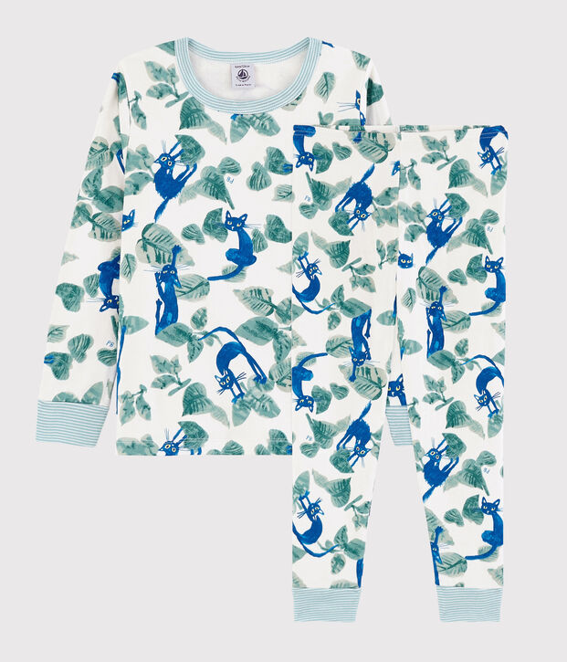 Pijama estampado de gatos en tejido tubular de ni&ntilde;o blanco/multicolor