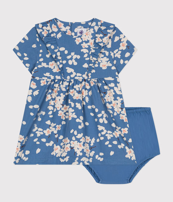 Vestido de manga corta y bombachos de popelina de bebé azul BEACH/ MULTICO