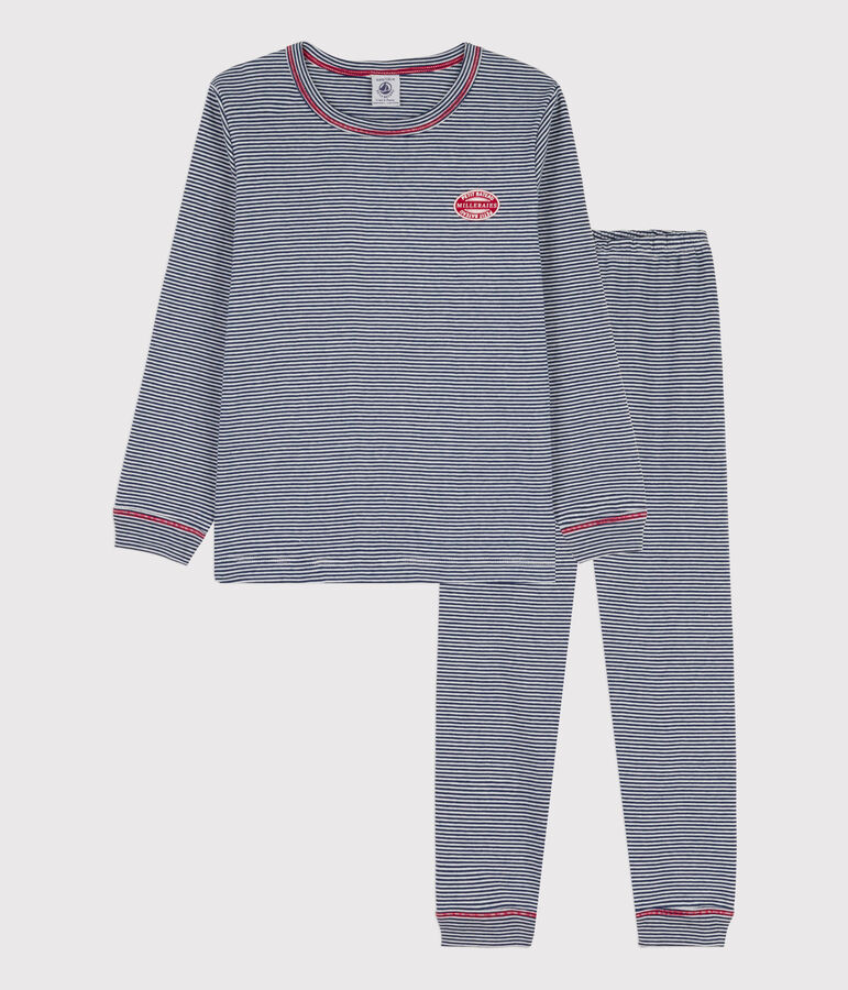 Pijama milrayas de algod&oacute;n de ni&ntilde;o azul MEDIEVAL/blanco MARSHMALLOW