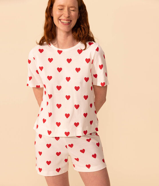 Pijama corto de algodón con corazón para mujer blanco MARSHMALLOW/rojo TERKUIT
