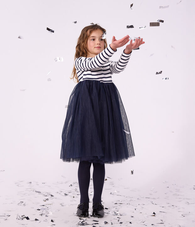 Vestido infantil de algod&oacute;n y tul de manga larga a rayas blanco/azul