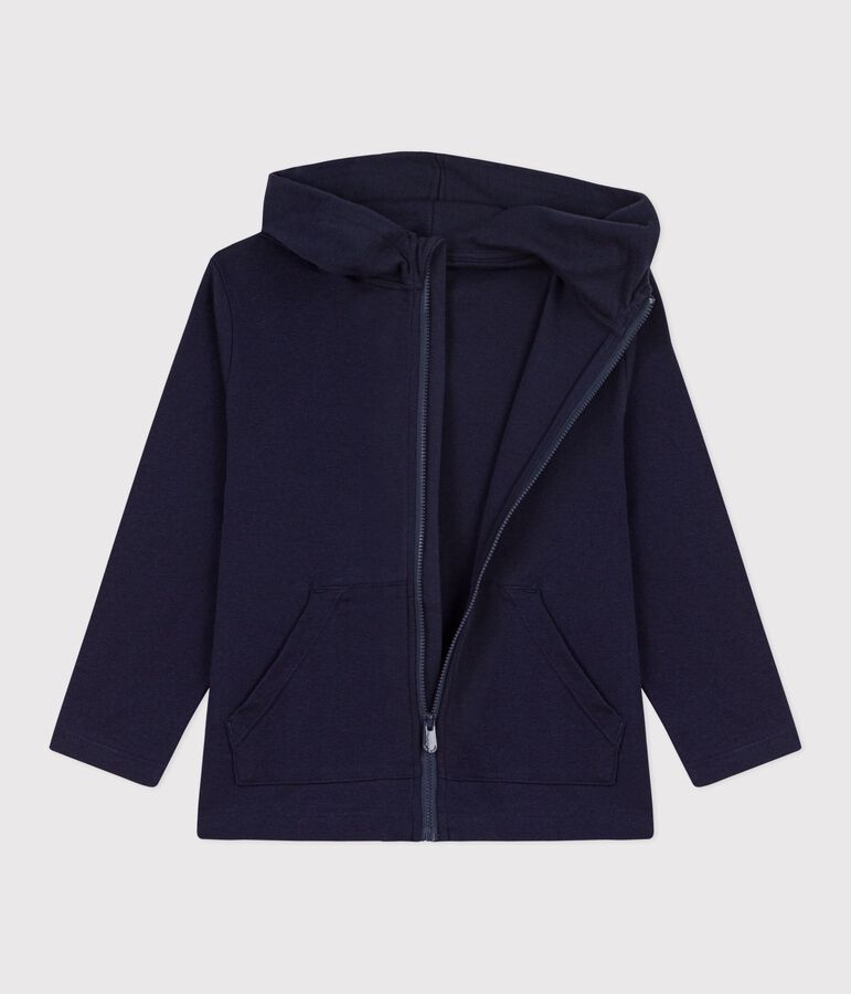 Sudadera infantil de algod&oacute;n con capucha y cremallera azul