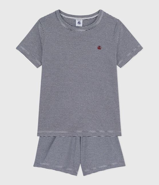 Pijama infantil corto de algodón a rayas azul SMOKING/blanco MARSHMALLOW