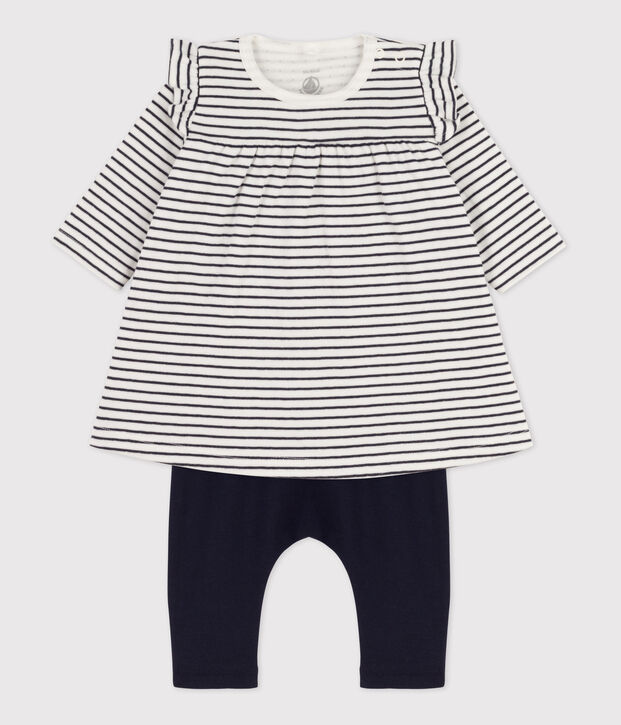 Vestido y legging de t&uacute;bico de algod&oacute;n con rayas marineras para beb&eacute; blanco/azul