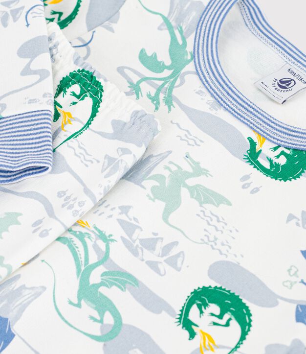 Pijama infantil de mulet&oacute;n con estampado de dragones blanco/multicolor