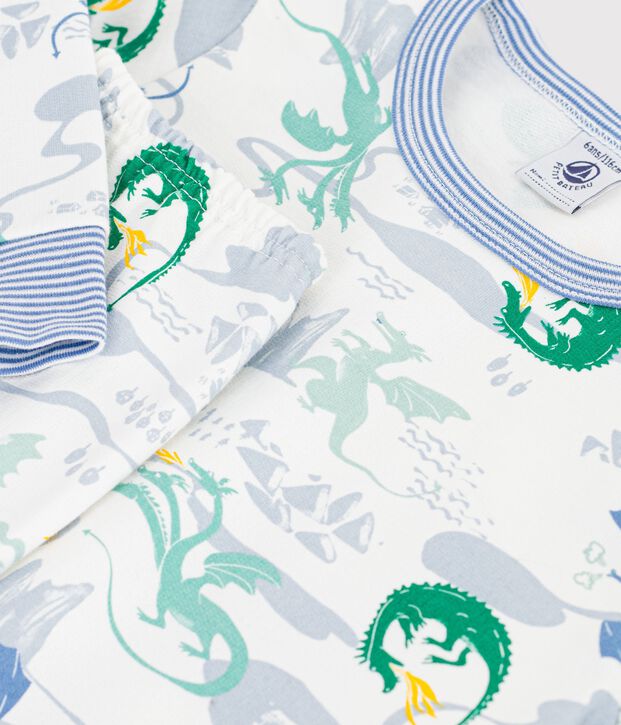 Pijama infantil de mulet&oacute;n con estampado de dragones blanco/multicolor