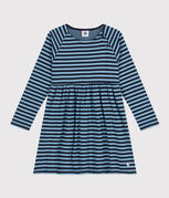Vestido de manga larga de muletón a rayas de niña SMOKING/ AZUL