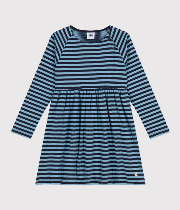 Vestido de manga larga de mulet&oacute;n a rayas de ni&ntilde;a azul/azul