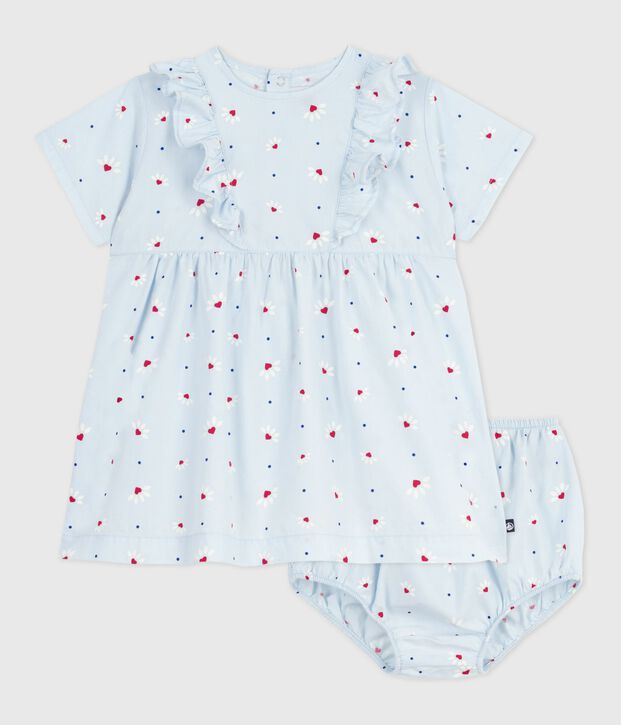 Vestido estampado de algod&oacute;n de manga corta y pololo para beb&eacute; azul/multicolor