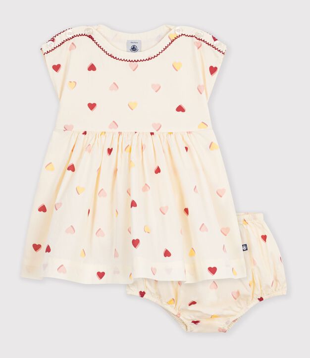 Vestido de algod&oacute;n de manga corta con estampado de corazones para beb&eacute; crudo/multicolor