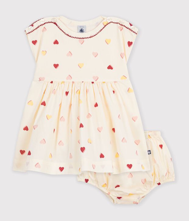 Vestido de algod&oacute;n de manga corta con estampado de corazones para beb&eacute; crudo/multicolor