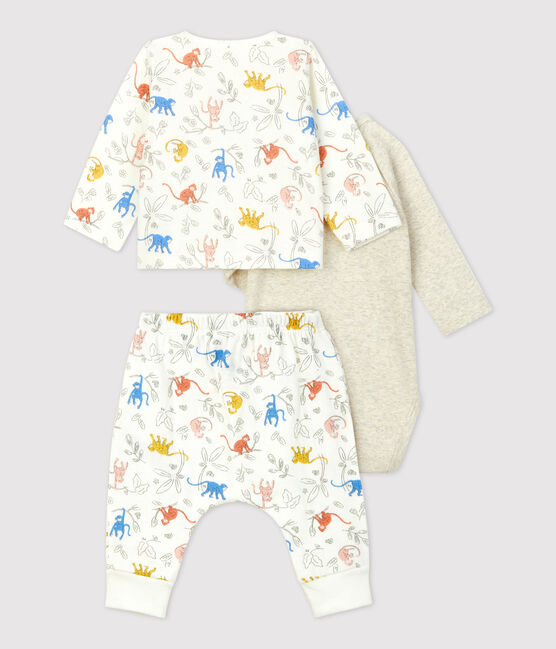 Conjunto de 3 piezas con estampado de monos de tejido túbico ecológico para bebé blanco MARSHMALLOW/blanco MULTICO