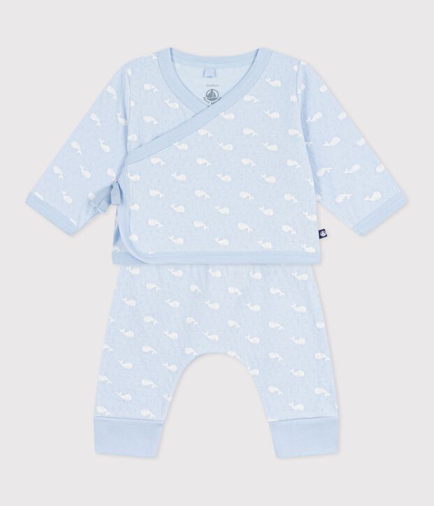Conjunto largo de 2 piezas de algod&oacute;n con estampado de ballenas para beb&eacute; azul/crudo