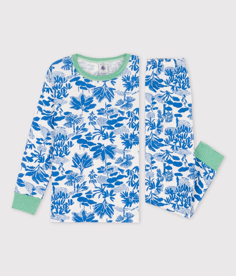 Pijama con estampado vegetal de algod&oacute;n de ni&ntilde;o blanco MARSHMALLOW/azul BRASIER