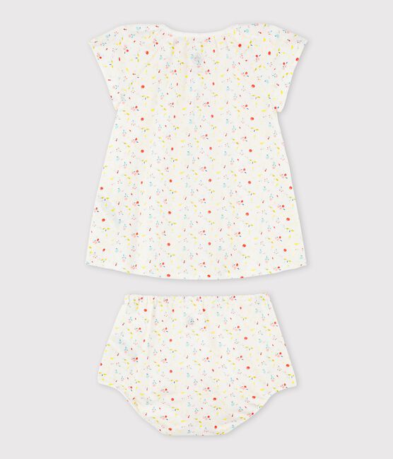 Vestido de manga corta de frutas con braguitas bloomer de tejido tubular de urdimbre y trama de algodón ecológico de bebé niña blanco MARSHMALLOW/blanco MULTICO