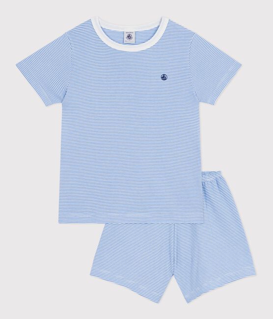 Pijama infantil corto de algodón a rayas azul EDNA/blanco MARSHMALLOW