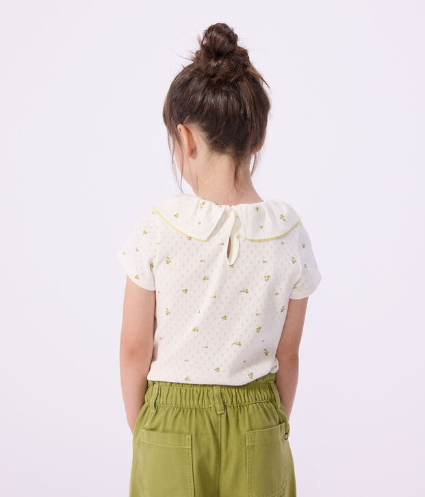Camiseta infantil de algod&oacute;n de manga corta con estampado de flores blanco/verde