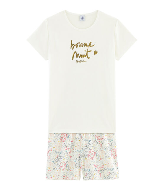 Pijama corto de punto para chica blanco MARSHMALLOW/blanco MULTICO