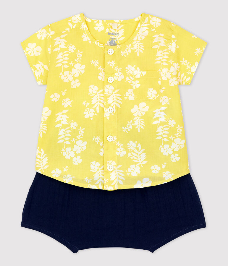 Conjunto de dos piezas con estampado hawaiano de popelina ecol&oacute;gica de beb&eacute; amarillo/blanco