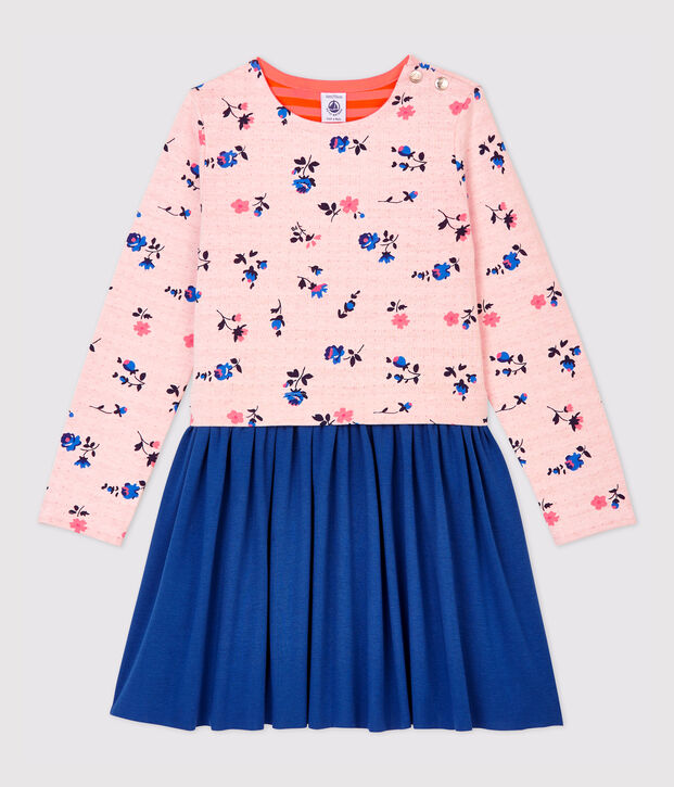 Vestido de manga larga de algod&oacute;n y tejido t&uacute;bico de ni&ntilde;a blanco/multicolor