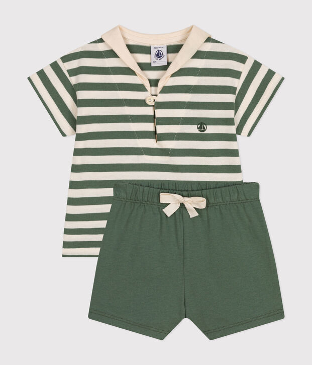 Conjunto de camiseta y pantal&oacute;n corto de punto para beb&eacute; verde/crudo