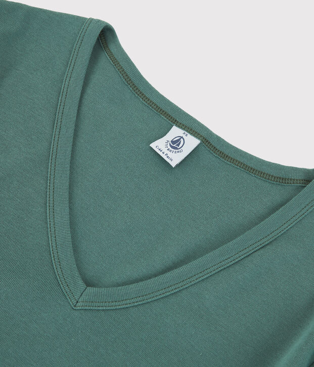 Camiseta de cuello de pico emblem&aacute;tica de algod&oacute;n de mujer verde