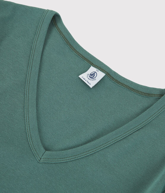 Camiseta de cuello de pico emblemática de algodón de mujer verde VALLEE